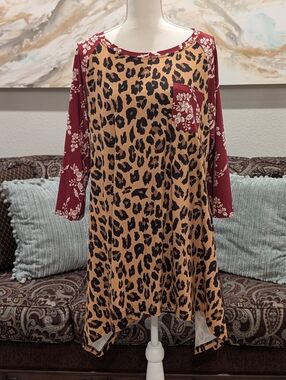 Leopard Print Shark Bite Tunic with Burgundy Floral Sleeves